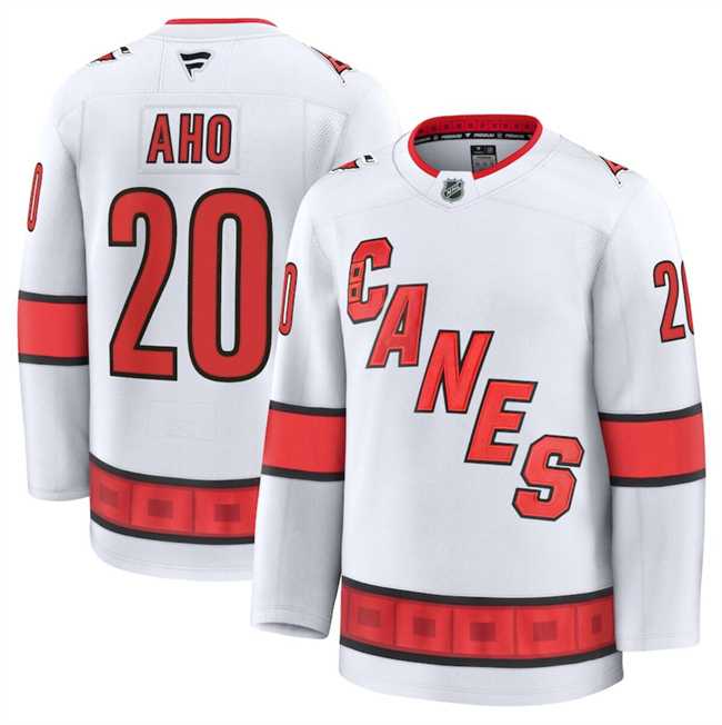 Men%27s Carolina Hurricanes #20 Sebastian Aho White 2024-25 Away Stitched Hockey Jersey Dzhi